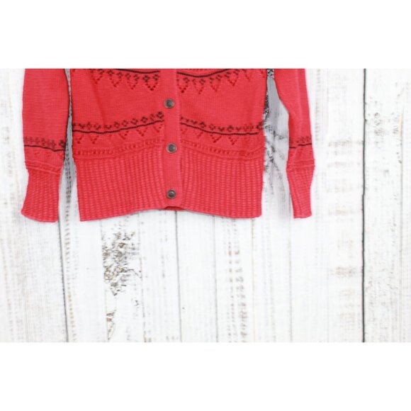 LL Bean Signature Cotton Fisherman Sweater Short Cardigan Fair Isle Red Size M - Picture 3 of 10